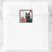 Zwarte kat Poinsettia Border Kerstmis Vierkante Sticker (Tas)