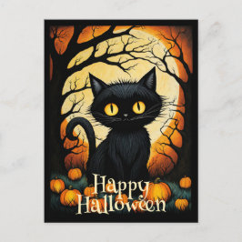 Zwarte kat pompoen bos gelukkig Halloween Briefkaart
