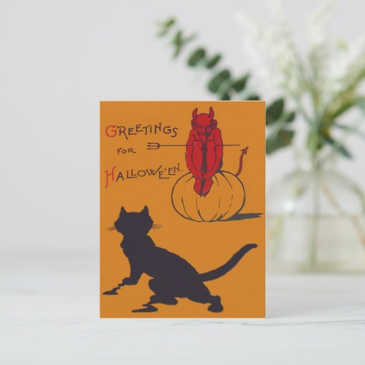 Zwarte Kat Pompoen Duivel Demon Pitchfork Briefkaart (Staand voorkant)