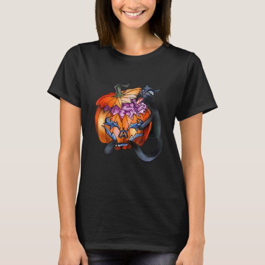 Zwarte Kat Pompoen Enge Kat Halloween T-shirt (Voorkant)