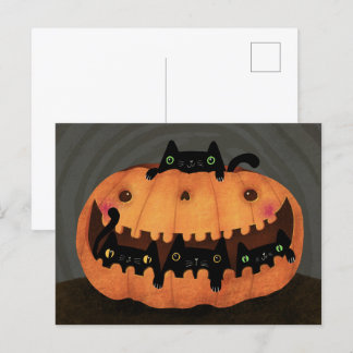 Zwarte Kat Pompoen Fijne Halloween Vakantie Berich Feestdagenkaart