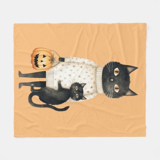 Zwarte kat & pompoen Halloween fleece deken (Voorkant (Horizontaal))