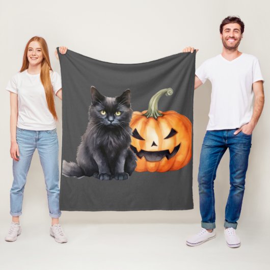 Zwarte Kat & Pompoen Halloween Fleece Deken (In situ)