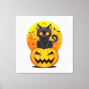 Zwarte Kat Pompoen Halloween Kostuum Canvas Afdruk
