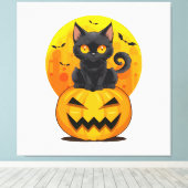 Zwarte Kat Pompoen Halloween Kostuum Canvas Afdruk (Insitu (Houten vloer))