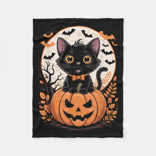Zwarte Kat Pompoen Halloween Kostuum Herfst Fleece Deken (Voorkant)