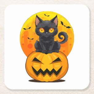 Zwarte Kat Pompoen Halloween Kostuum Kartonnen Onderzetters