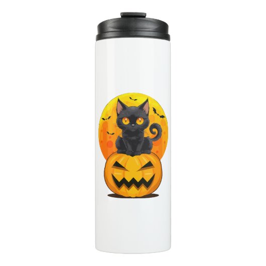 Zwarte Kat Pompoen Halloween Kostuum Thermosbeker (Voorkant)
