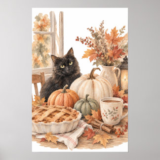 Zwarte kat pompoen Halloween kunst in vintage stij Poster