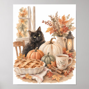 Zwarte kat pompoen Halloween kunst uit het verlede Poster