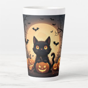 Zwarte Kat Pompoen Halloween Maan Nacht 🐈⬛ Latte Mok