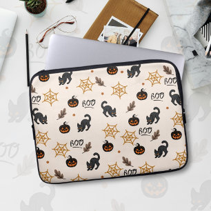 Zwarte kat pompoen Halloween patroon Laptop Sleeve