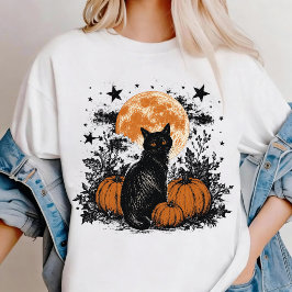 Zwarte Kat Pompoen Halloween T-shirt