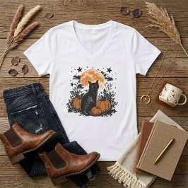 Zwarte Kat Pompoen Halloween T-shirt
