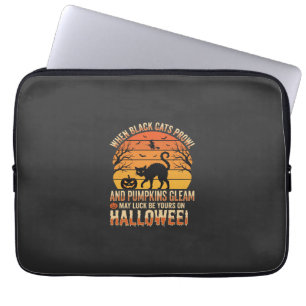 Zwarte Kat Pompoen Halloween Vector Ontwerp Laptop Sleeve