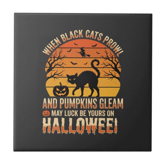 Zwarte Kat Pompoen Halloween Vector Ontwerp Tegeltje (Voorkant)