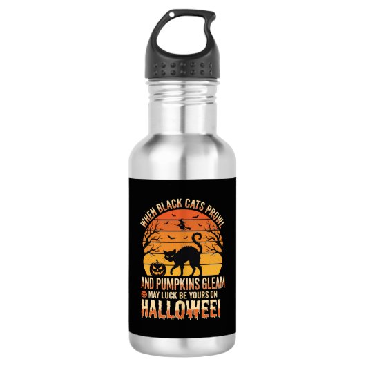 Zwarte Kat Pompoen Halloween Vector Ontwerp Waterfles (Voorkant)