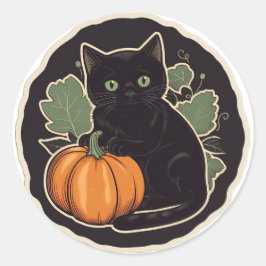 Zwarte Kat Pompoen Herfstveld  Ronde Sticker
