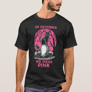 Zwarte Kat Pompoen In Oktober dragen we Roze Hallo T-shirt