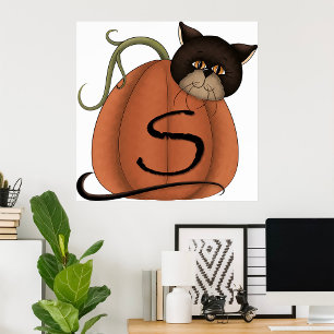 Zwarte Kat Pompoen Letter S Halloween Poster