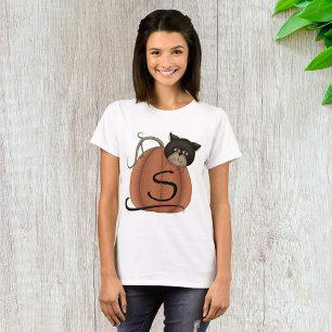 Zwarte Kat Pompoen Letter S Halloween T-shirt
