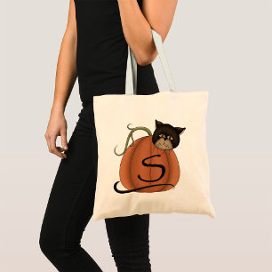 Zwarte Kat Pompoen Letter S Halloween Tote Bag