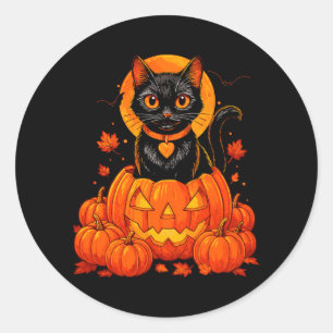 Zwarte Kat Pompoen Maan Halloween Herfst Val Ronde Sticker