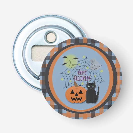 Zwarte kat & pompoen niet eng Halloween Button Flesopener (Voorkant)