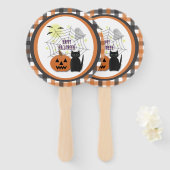 Zwarte kat & pompoen niet eng Halloween Handwaaier (Voorkant en achterkant)