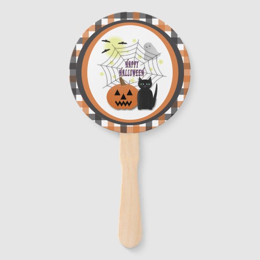 Zwarte kat & pompoen niet eng Halloween Handwaaier (Voorkant)