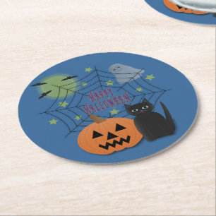 Zwarte kat & pompoen niet eng Halloween Ronde Kartonnen Onderzetter