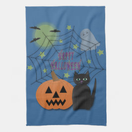 Zwarte kat & pompoen niet eng Halloween Theedoek