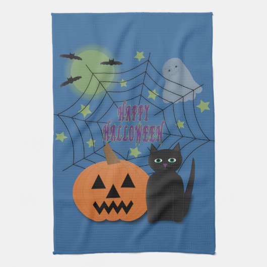 Zwarte kat & pompoen niet eng Halloween Theedoek (Verticaal)