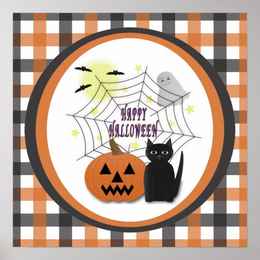 Zwarte Kat & Pompoen Niet Schrikbarend Halloween Poster (Voorkant)