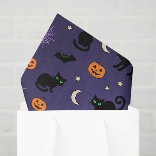 Zwarte Kat Pompoen Paarse Halloween Tissue Papier (Cadeauzakje)