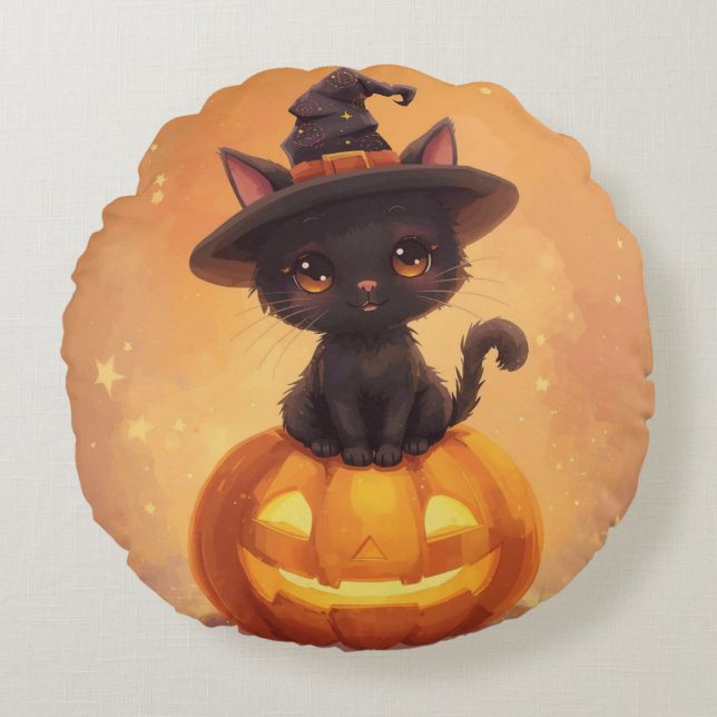 Zwarte Kat Pompoen Ronde Halloween Kussen (Voorkant)