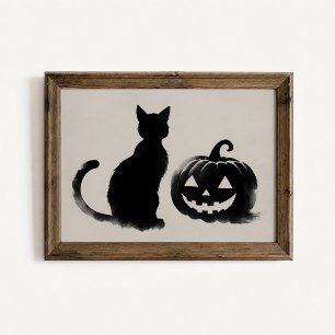 Zwarte Kat Pompoen Silhouet Poster
