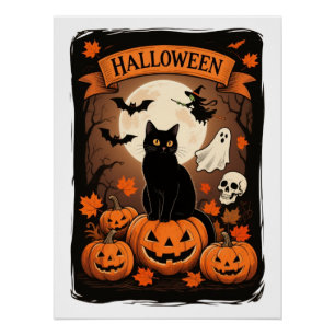  Zwarte Kat Pompoen Spooky Halloween Party Perfect Poster
