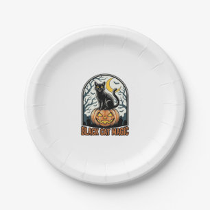 Zwarte Kat Pompoen Vintage Halloween Gravure_1 Papieren Bordje