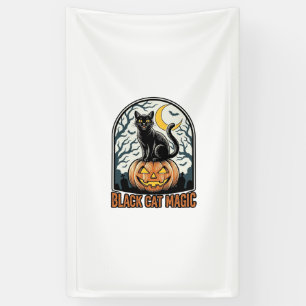 Zwarte Kat Pompoen Vintage Halloween Gravure_1 Spandoek