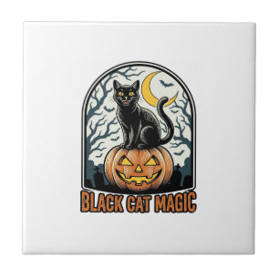 Zwarte Kat Pompoen Vintage Halloween Gravure_1 Tegeltje