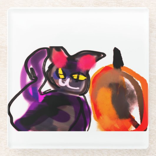 Zwarte kat pompoen vreugde glazen onderzetter (Voorkant)