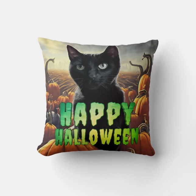 Zwarte Kat & Pompoenen Kussen (Voorkant)