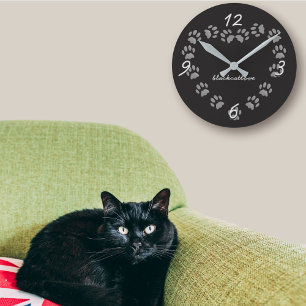 Zwarte Kat Pootafdruk Hart Persoonlijke Wandklok