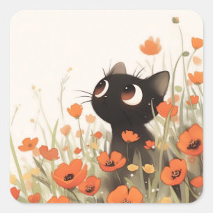 Zwarte Kat Poppy Meadow Vierkante Sticker