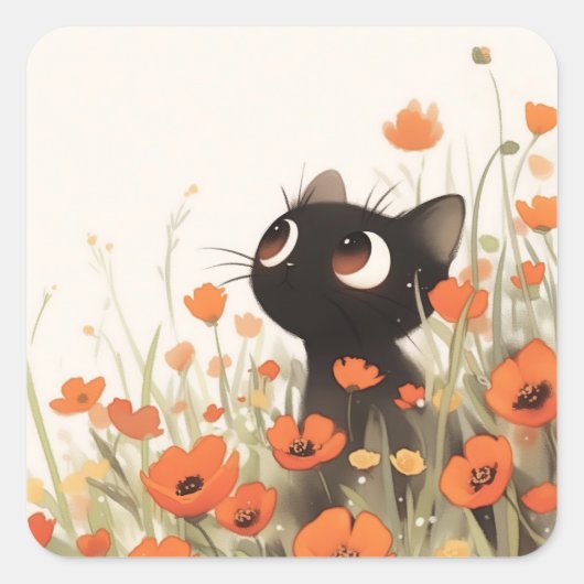 Zwarte Kat Poppy Meadow Vierkante Sticker (Voorkant)
