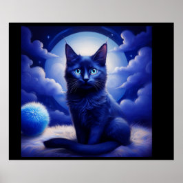 Zwarte kat poseert voor de maan en witte wolken poster