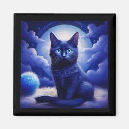 Zwarte Kat Poseert Voor Maan En Witte Wolken Magneet