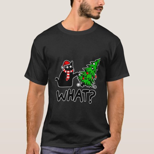 Zwarte Kat Pushing Kerstboom Wat Xmas Lights T-shirt (Voorkant)