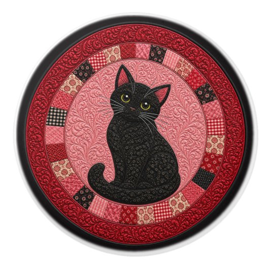 Zwarte Kat Quilt Keramische Knop (Voorkant)